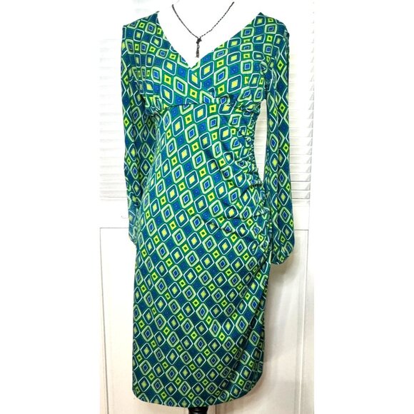 Ruched Geo Print Womens Stretch Babydoll Midi Dress Sz S Split Sleeve 70s - Picture 1 of 12